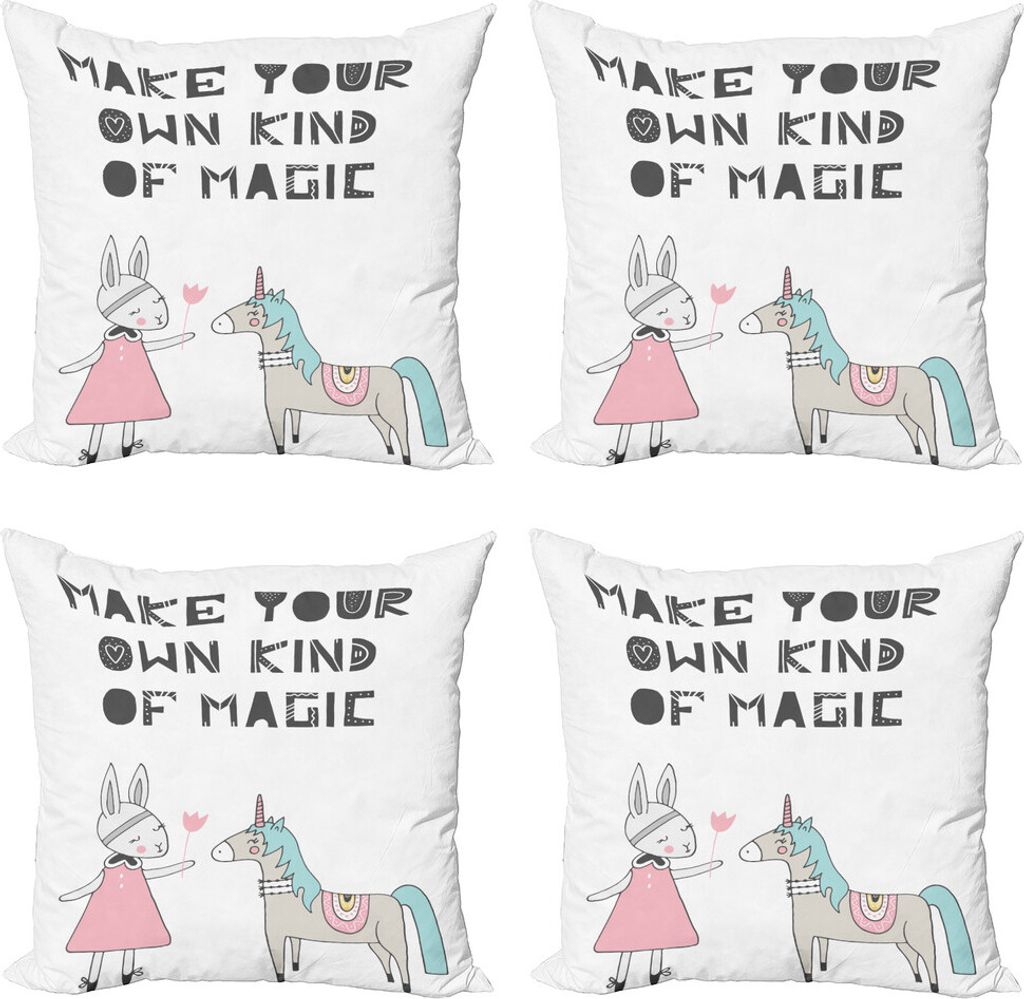 ABAKUHAUS Kindergarten Kissenbezug Set (4 Stück), Häschen im Kleid Einhorn, Moderner Doppelseitiger Digitaldruck, 40 cm x 40 cm, Mehrfarbig