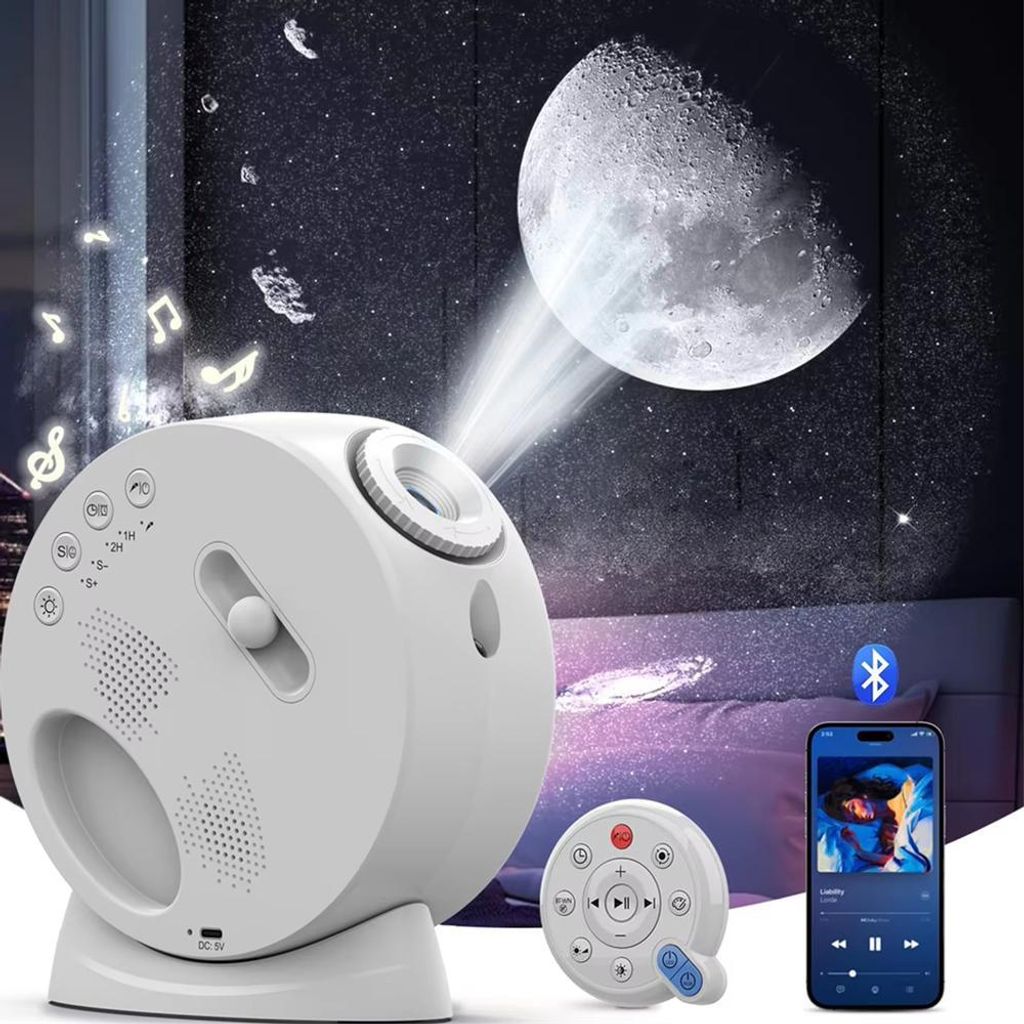 A white star projector with a moon projection, a remote control, and a smartphone displaying music are shown in a dimly lit room.