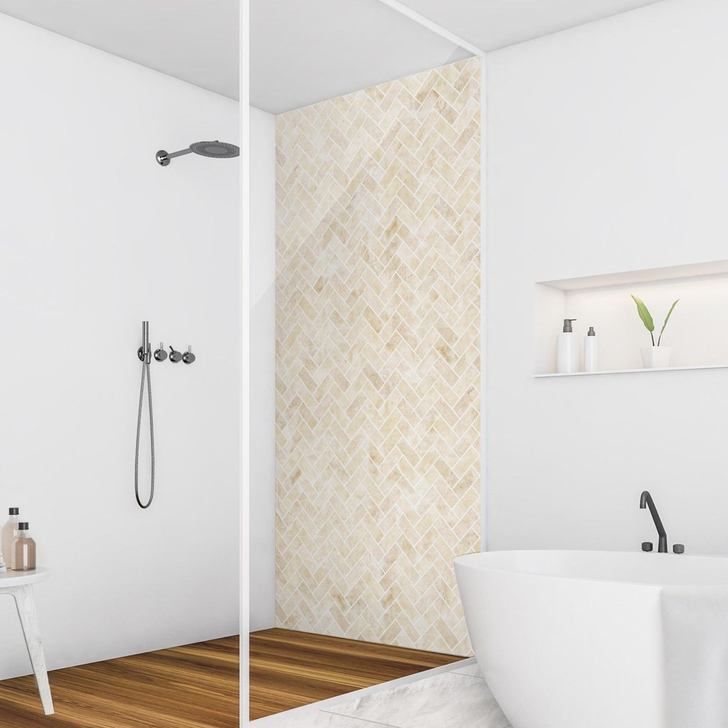 Duschrückwand mit Motiv selbstklebend - 0.61 mm Wandpaneel wasserfest Design gelb Fliesenoptik Badrückwand fugenlos Premium matt 80x200 cm