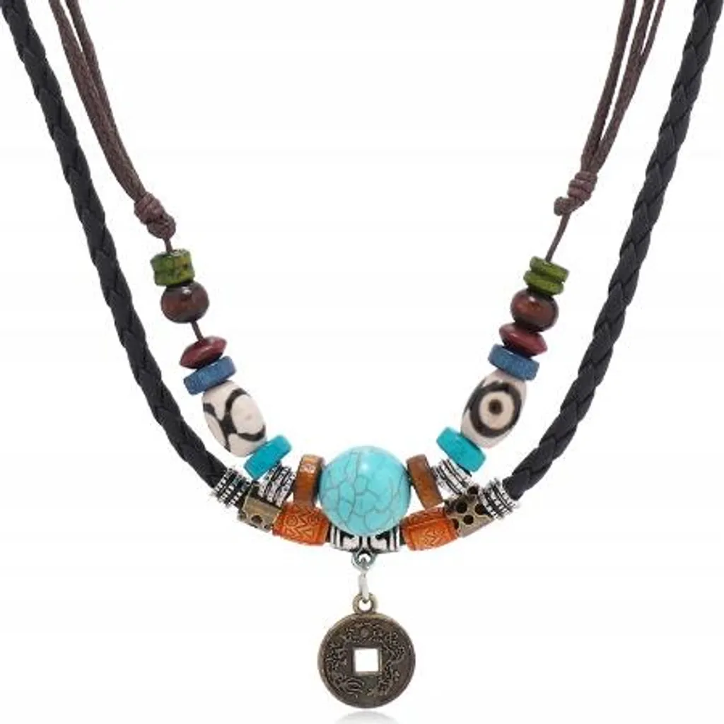 Collier ethnique cuir et bois pour look aventurier avec turquoise homme
