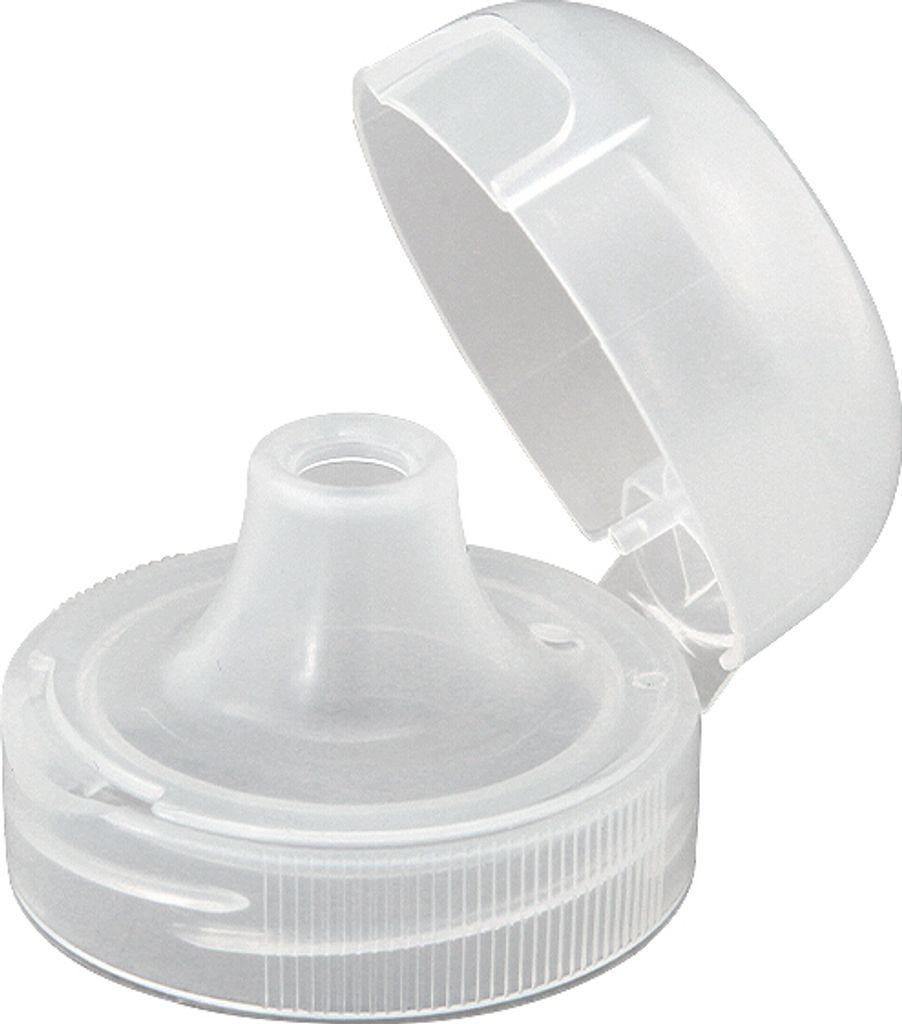 A close-up studio shot of a clear plastic flip-top sport cap for a water bottle, shown with the lid open.