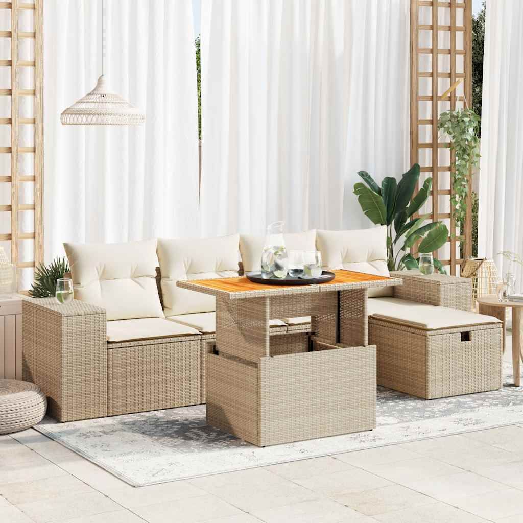 "2026 Promotion" 6-tlg. Garten-Sofagarnitur/Terrassenmöbel - mit Kissen - Beige Poly Rattan Akazie - Gartenmöbelset CC18446