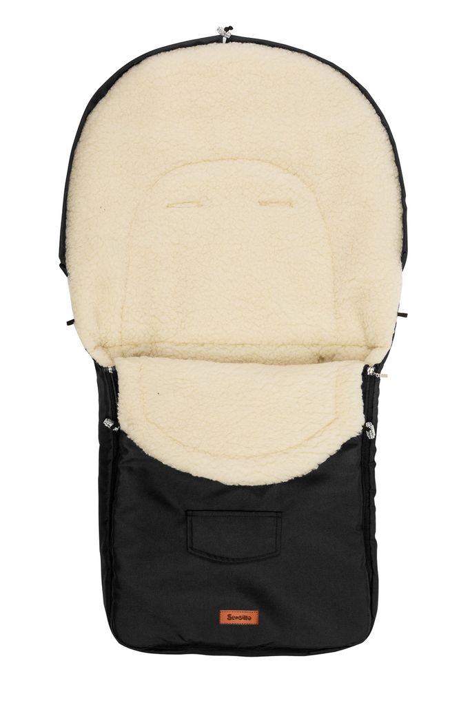 A black and cream baby stroller footmuff is shown against a white background.