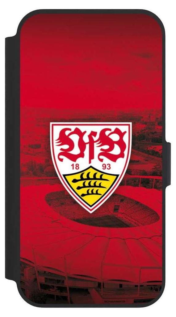 NIVOCASE Klapphülle für Apple iPhone 13 Pro Handyhülle aus Kunst Leder NIVOflip schwarz Offizielles Lizenzprodukt Stadion VfB Stuttgart
