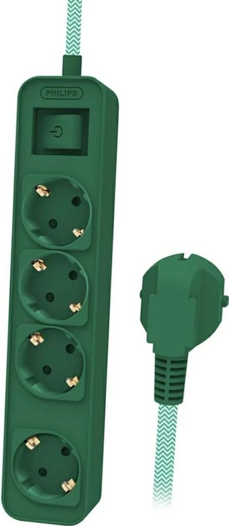 A green power strip with four outlets and a plug.