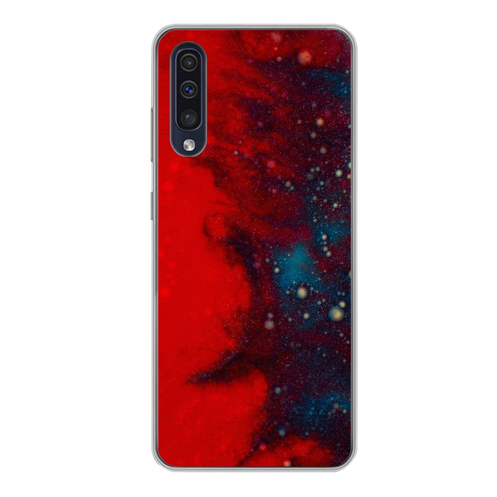 MuchoWow Handyhülle Schutzhülle Hülle für Samsung Galaxy A50 Tinte - abstrakt - rot - blau Silikon Softcase Handy Hülle - Mobiltelefonhülle