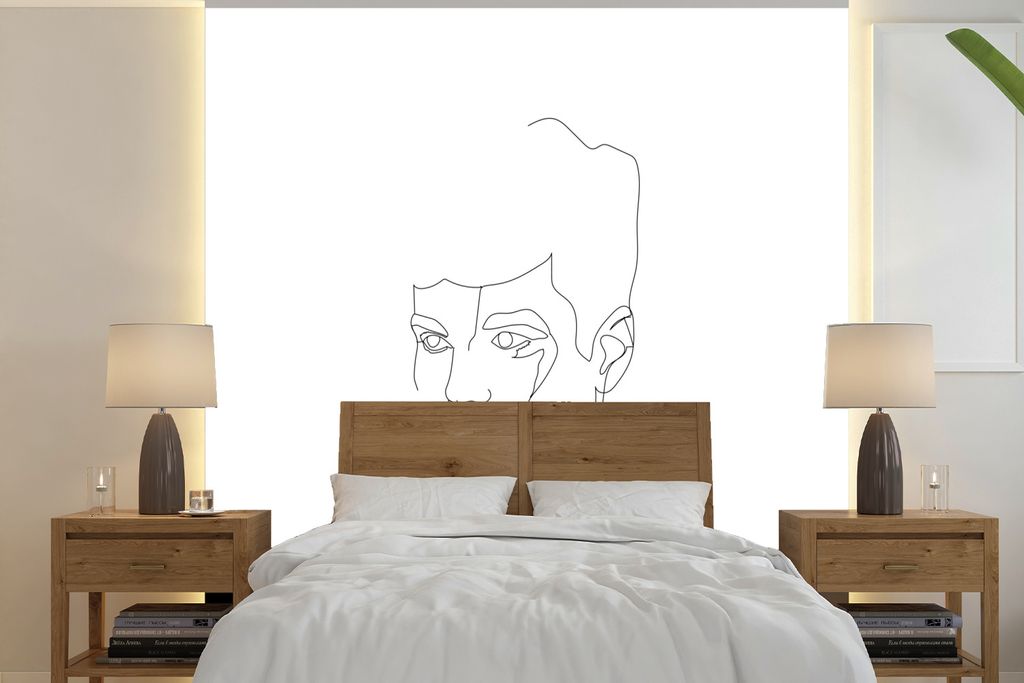 MuchoWow Fototapete für Wohnzimmer oder Schlafzimmer Wandtapete Vinyl Motivtapete Gesicht - Mann - Strichzeichnung - Schwarz - Weiß - 300x300 c...