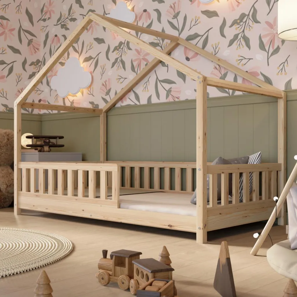Lit maison 90x190 cm avec barrière de sécurité et structure bois Crazy
