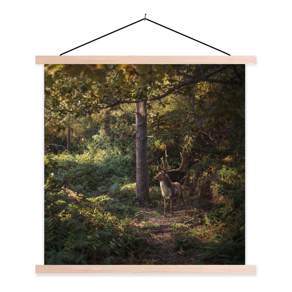 MuchoWow Textilposter Hirsch - Geweih - Wald - Herbst 120x120 cm mit holzfarbenen Rahmen - Textil-Poster