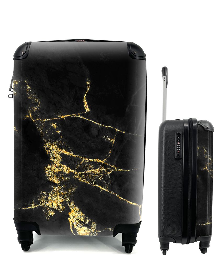 MuchoWow Koffer Handgepäck Trolley Rollkoffer Kleine Reisekoffer mit 4 Rollen - Marmor - Schwarz - Gold - Luxus - Cabin Size < 55x40x23 cm & 55x...