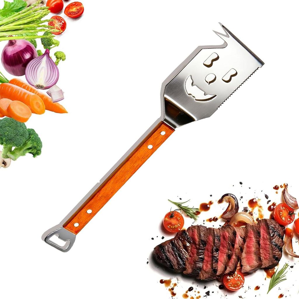 7 in 1 grillspachtel für Barbecue Grill, Multifunktion Grillbesteck mit Holzgriff, Eingebaute grillbesteck-set-Funktion,Kreativer Grillwender, Ein...