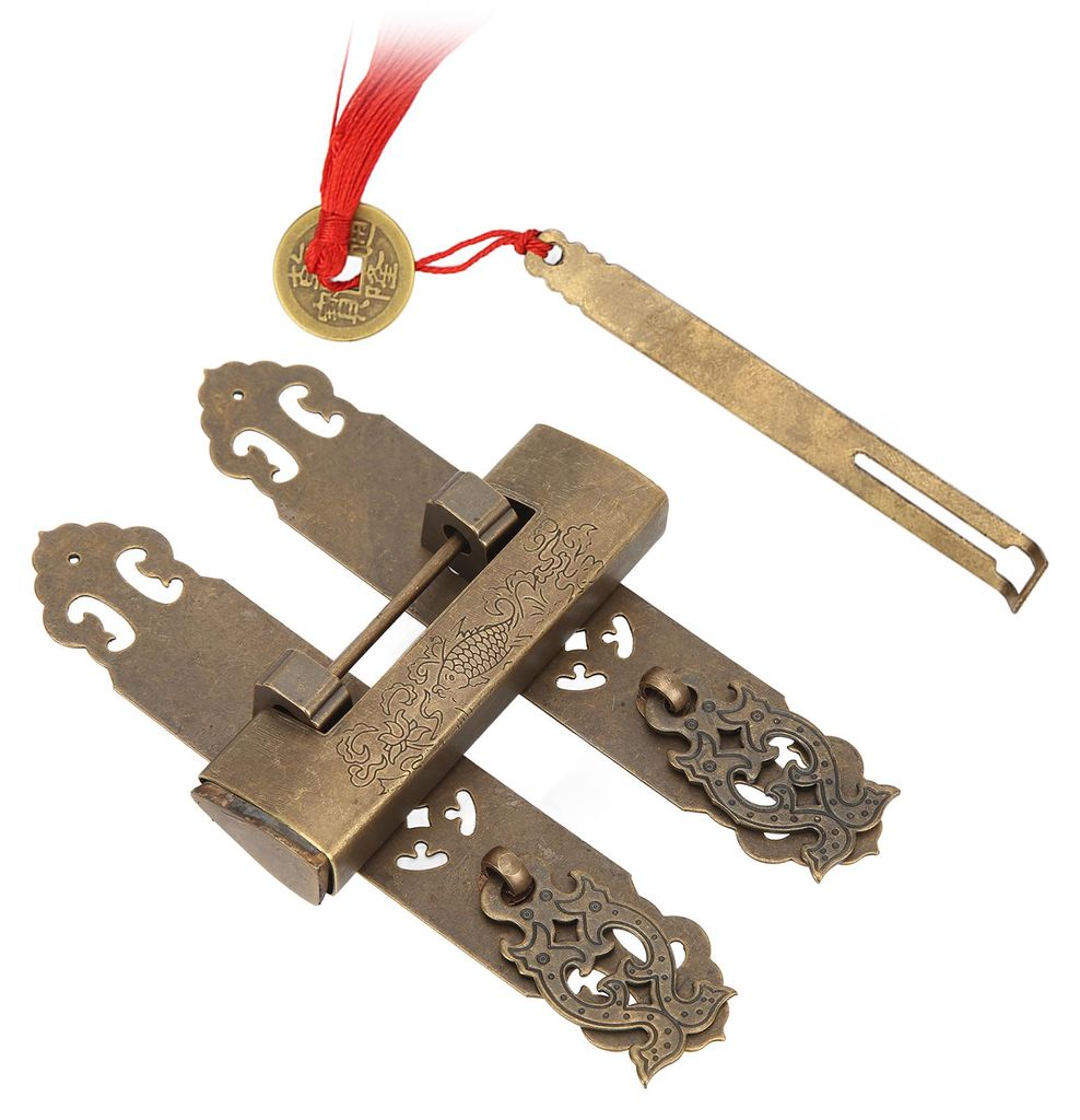 Set antiker Vorhängeschlossgriffe im chinesischen Vintage-Stil, bronzefarbene Messing-Griffe mit Rückwandstreifen für Werkzeugkästen