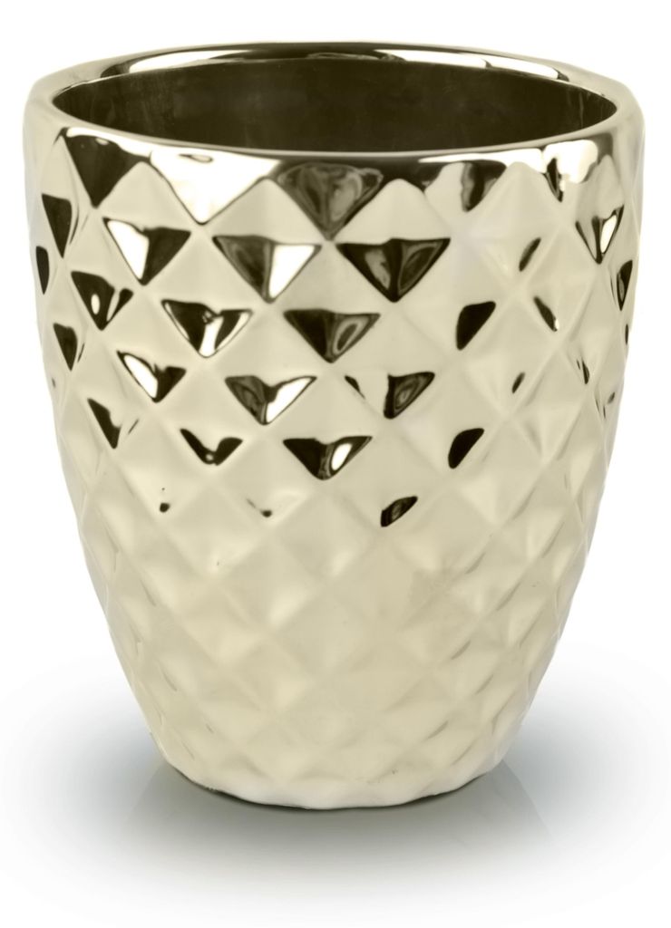 Keramik Blumentopf Übertopf Gold 13,5 cm, glamour geprägtes Design, innen glasiert, 15 cm hoch