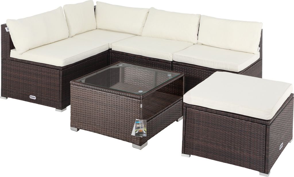 CASARIA Gartenmöbel Lounge Set Wetterfest 5 Personen Polyrattan Sicherheitsglas Tisch Outdoor Sitzkissen Terrassenmöbel Eck Sofa Braun Creme