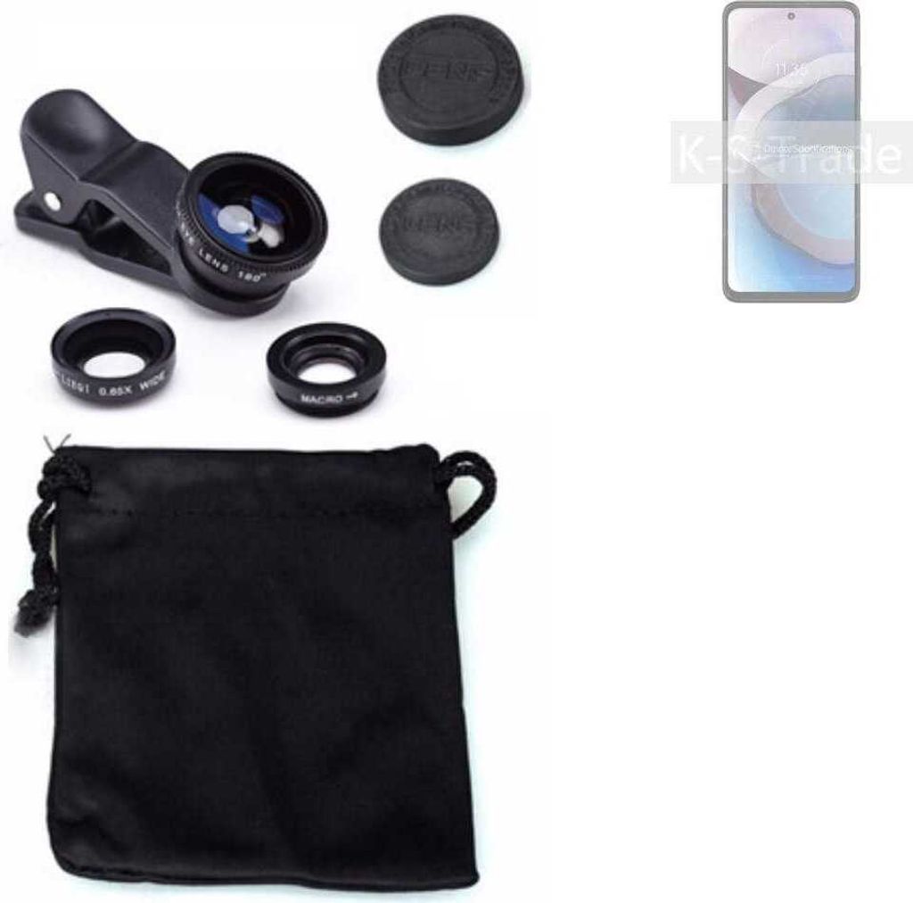K-S-Trade Smartphone Kamera Linsen Set Kompatibel mit Motorola Moto One 5G Ace 3in1 Clip-On Kamera Adapter Macro Weitwinkel FishEye Fischauge Objektiv