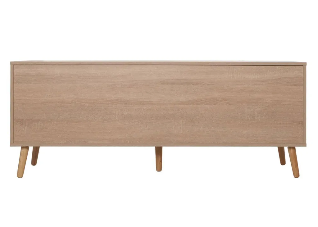 Buffet TV en rotin tressé et commode basse aspect chêne clair