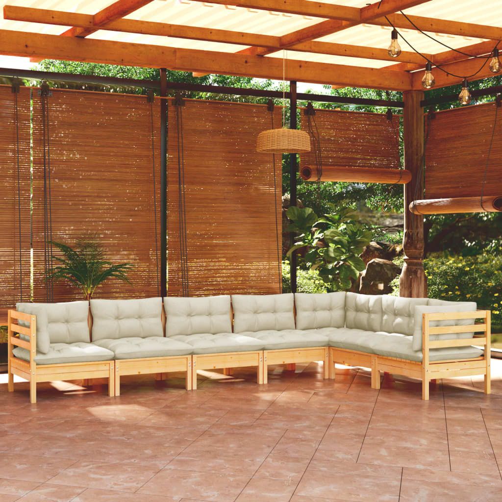 Maison Exclusive - 7-tlg. Garten-Lounge-Set mit Creme Kissen Massivholz Kiefer