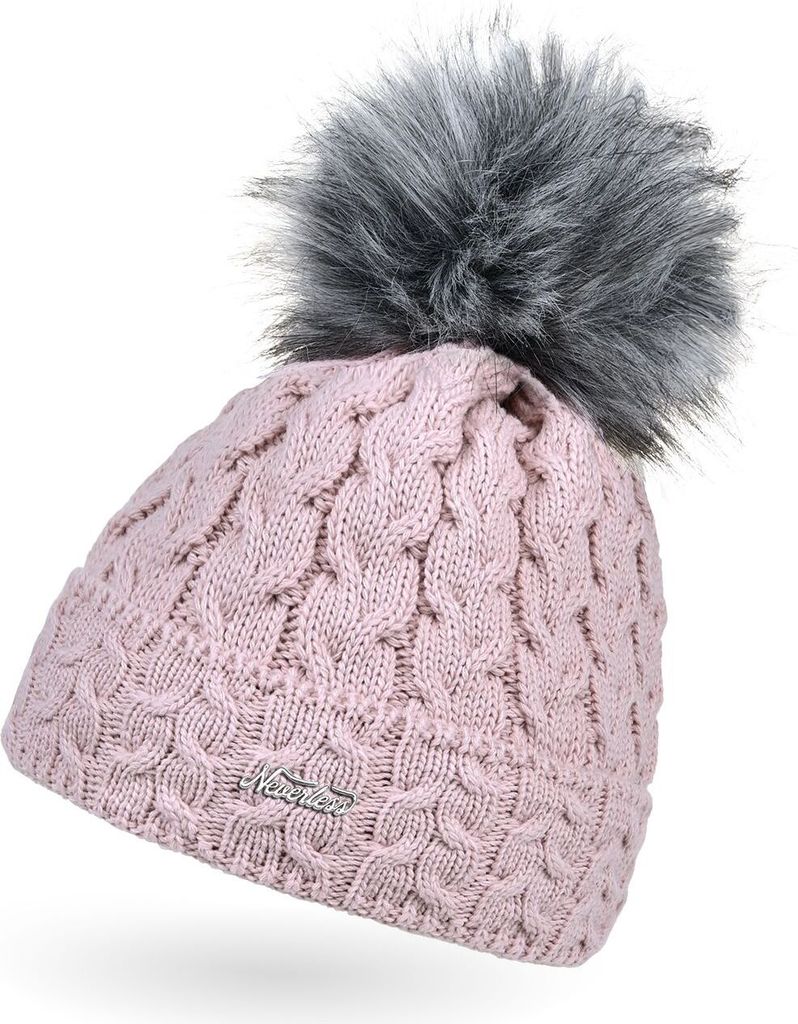 Damen Strick-Mütze gefüttert Fell-Bommel Kunstfell Winter-Mütze Bommelmütze Zopfstrickmuster Fleece-Innenfutter Umschlag Neverless rosa