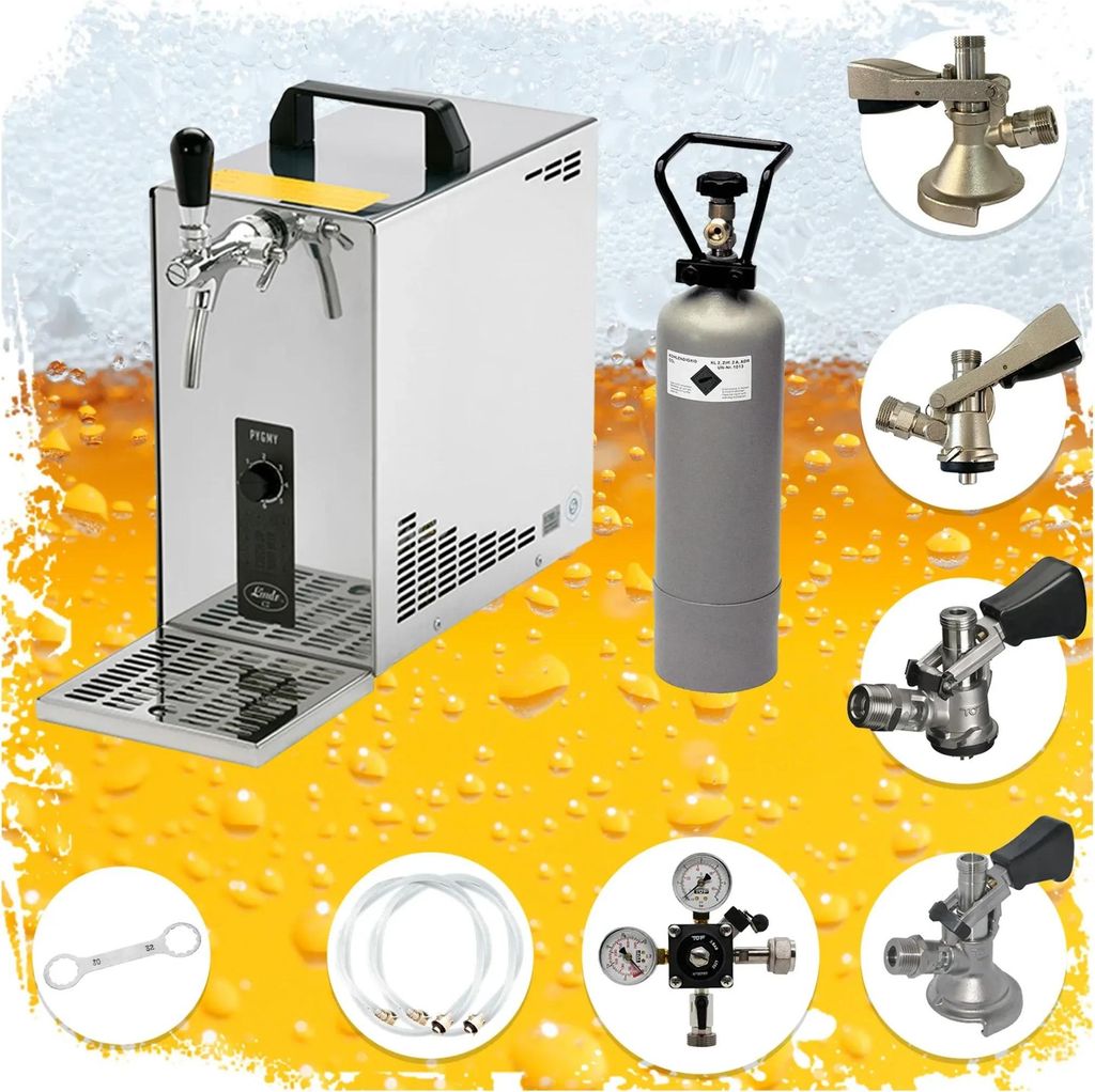 Komplett Set - Zapfanlage, Bierzapfanlage, Bierkoffer, Durchlaufkühler PYGMY 25 1-leitig Trockenkühler, 35 Liter/h, Zapfkopf: Set alle Zapfköpfe