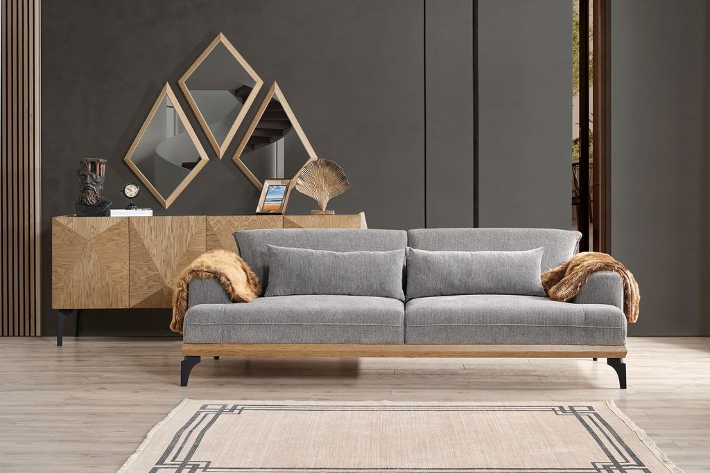 Stilvolle Beige Couchgarnitur Designer 3-Sitzer Holz Konsole Spiegel