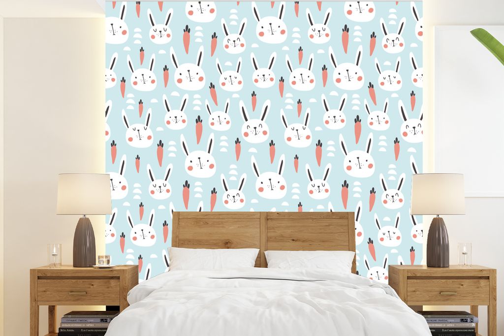 MuchoWow Fototapete für Wohnzimmer oder Schlafzimmer Wandtapete Vinyl Motivtapete Kaninchen - Tiere - Kind - 240x260 cm - Tapezier Papier