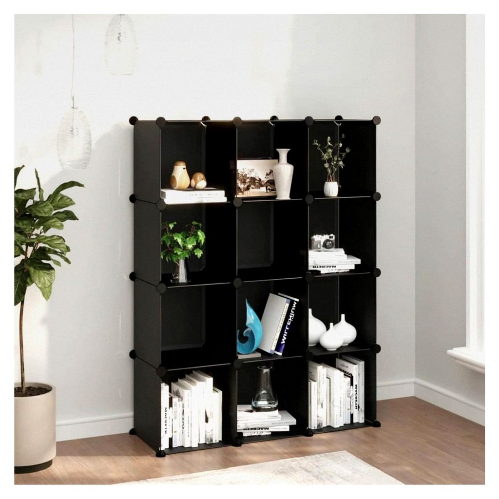 Regalsystem mit 12 Würfeln in Schwarz, Vitrine, Raumteiler, Steckregal, Stufenregal, Bücherregal, Schrankregal
