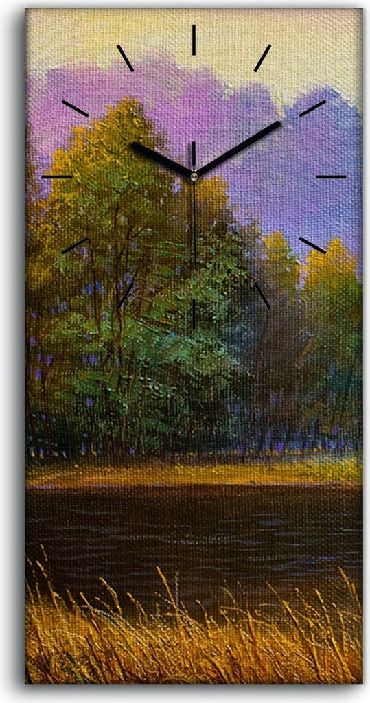 Wandkunst Leinwand Bild Uhr Geräuschlos 30x60 Gemälde Wald Bäume Fluss Natur - schwarze Hände
