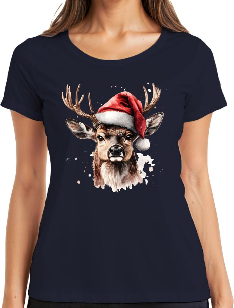 Weihnachtshirsch Rentier Aquarell realistisch Weihnachten Damen T-Shirt, Navy, M