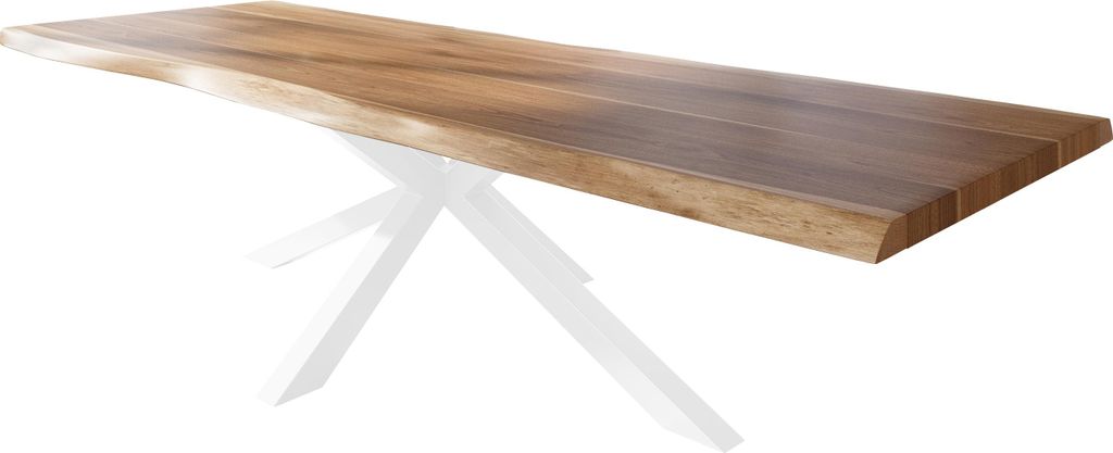 Esstisch Baumkante massiv Akazie natur 320 x 120 Spider-Gestell Metall weiß TITAN