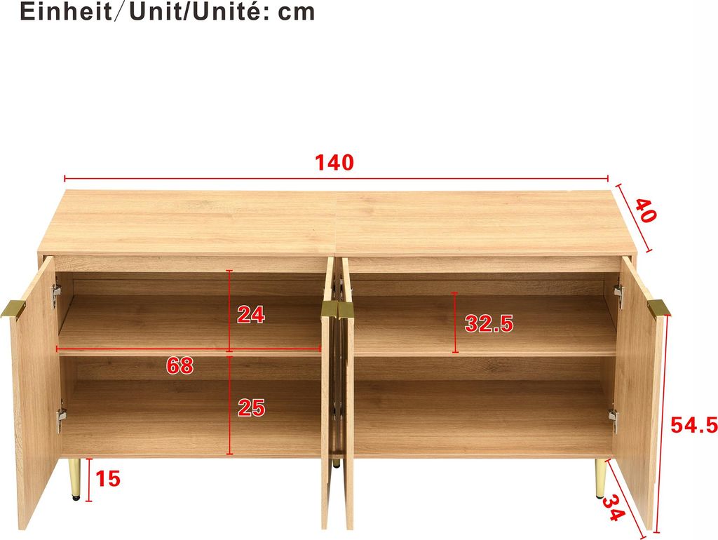 Merax modernes Sideboard mit 4 Türen und verstellbare Einlegeböden, Anrichte in Holzmaserung, Stauraum Buffet mit Metallbeine, Kommode Naturfarben