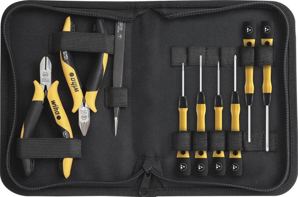 Wiha Werkzeug Set ESD 10-tlg. inkl. Tasche, sicheres Arbeiten an empfindlichen elektronischen Bauteilen, Zangen, Schraubendreher, Pinzette