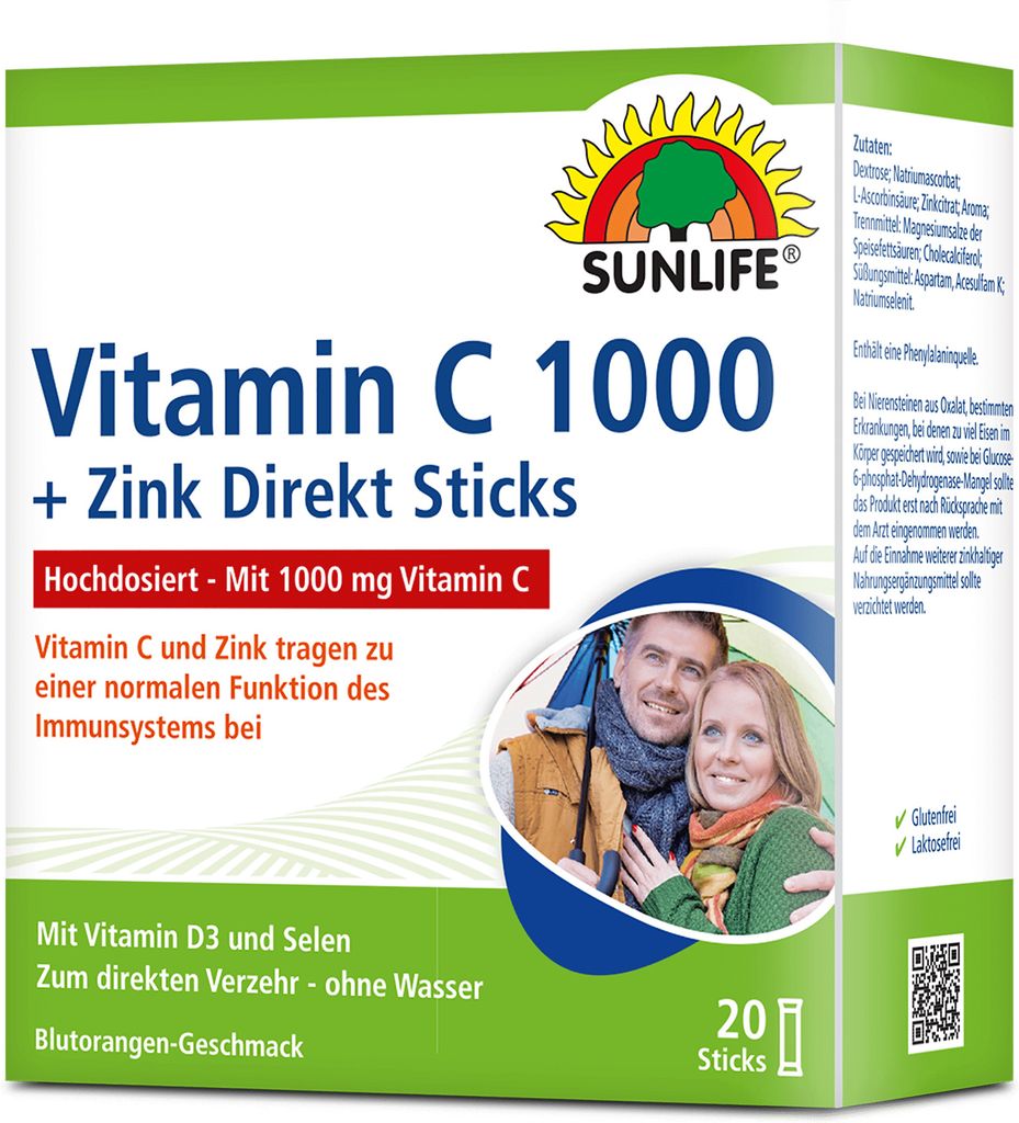 SUNLIFE Vitamin C 1000 mg hochdosiert 20 Direkt Sticks + Zink Selen Vitamin D3 Komplex Immunsystem Gesundheit
