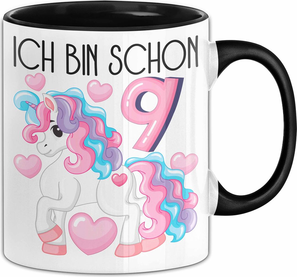 9. Geburtstag Geschenk Tasse Becher Mädchen Tochter Geburtstagsgeschenk Einhorn Ich Bin Schon 9 (Schwarz)