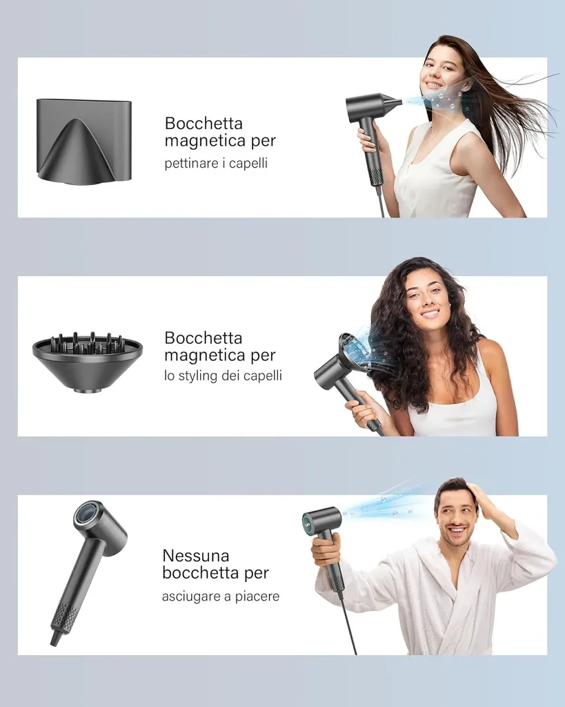 Asciugatura rapida e bassa rumorosità, 1500W Asciugacapelli professionale agli ioni con pulsante caldo e freddo, 3 impostazioni di calore, 2 velocità del vento, 3 impostazioni di calore e 2 velocità del vento - 2