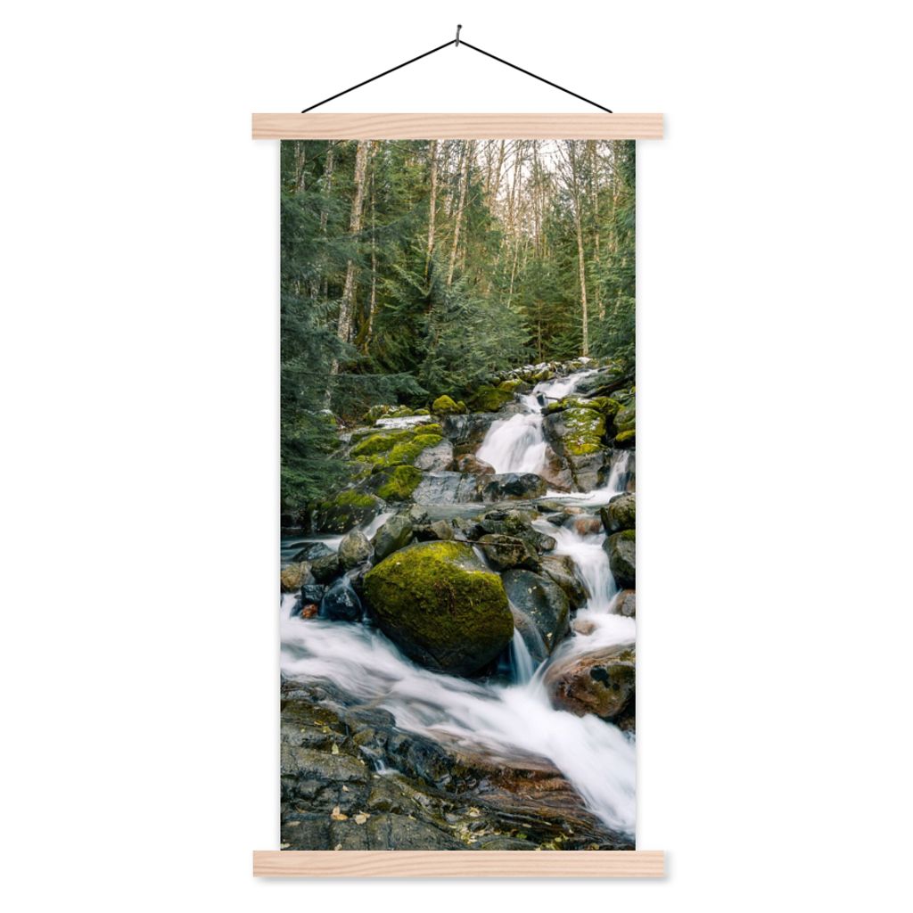 MuchoWow Textilposter Natur - Wasserfall - Bäume - Herbst 60x120 cm mit holzfarbenen Rahmen - Holz