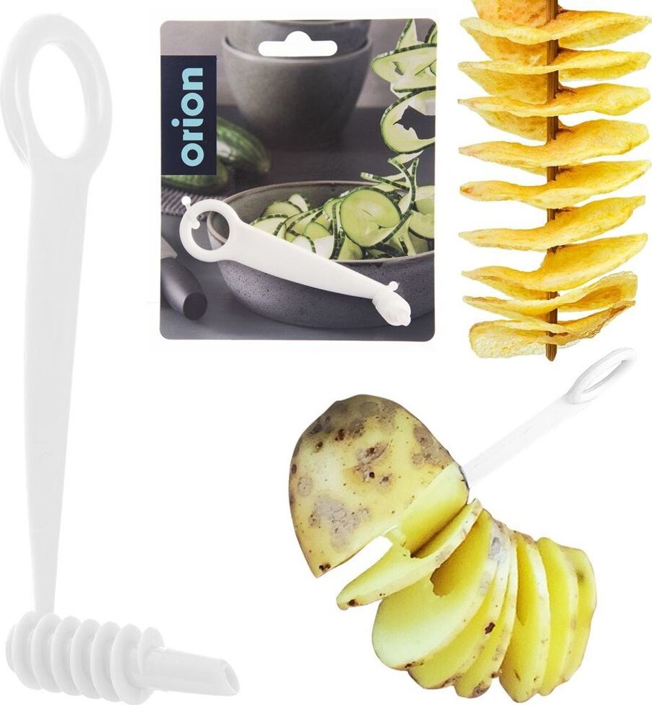 A collage of images showing a potato spiralizer tool, a potato being cut into spirals, and a skewer of spiralized potato chips.
