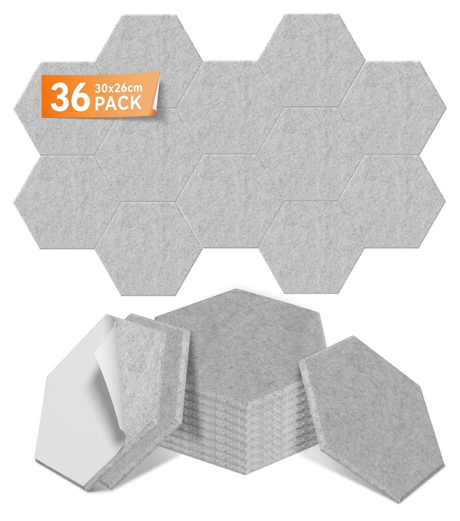 LARS360 Hellgrau Akustikpaneele 36er Set 30x26cm Hexagon, Schallschutz Wandpaneele, Schalldämmung, Schallabsorber für Studio Home Gaming