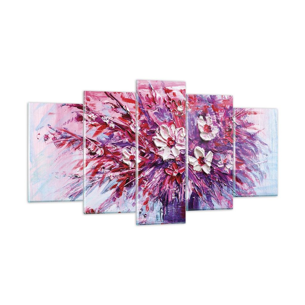 Bilder auf glas - 5 Teile - Pastos Blumen Rosa - 160x85cm - Glasbilder - Wandbilder - Bilder - zum Aufhängen bereit - Wanddekoration aus Glas - Gl...