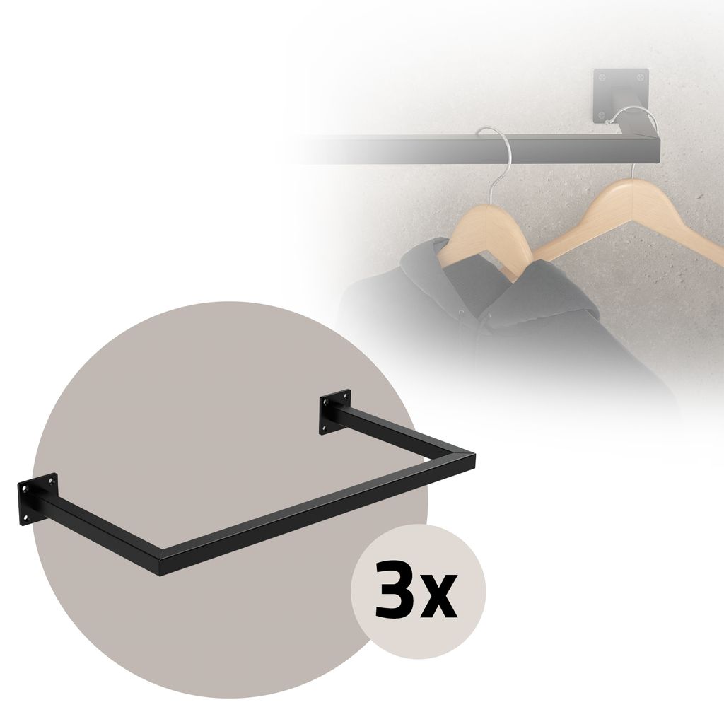 ML-Design 3er Set Kleiderstange Rechteck für die Wand, 30x60 cm, Schwarz, aus Stahl, Garderobenstange U-Form, inkl. Montagematerial