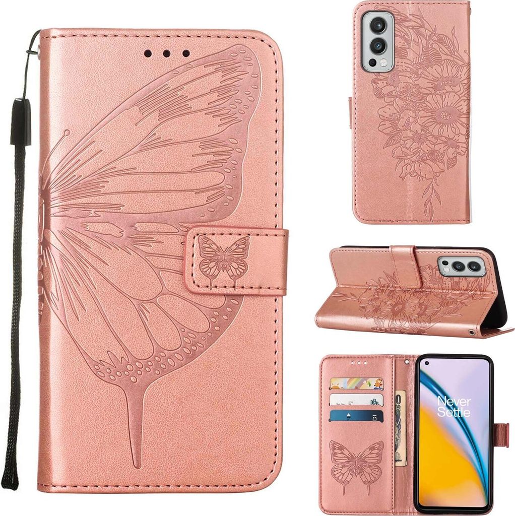OnePlus Nord 2 5G Hülle, Schmetterling Prägung Flip Leder Kartenfächer Schutzhülle Ledertasche mit Ständer für OnePlus Nord 2 5G Roségold