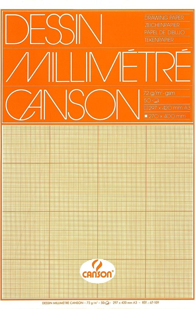 Canson - Millimeterpapier braun gelb bedruckt 50 Blatt 72gr A3 weiß | 10 Stück