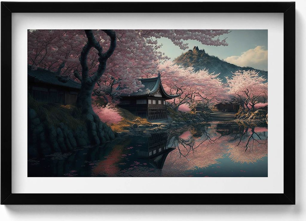 Schöne asiatische Kirschblüte– Wandbild mit Rahmen – Gerahmtes Bild – Wanddekoration – 60x40 cm – Schwarz Rahmen