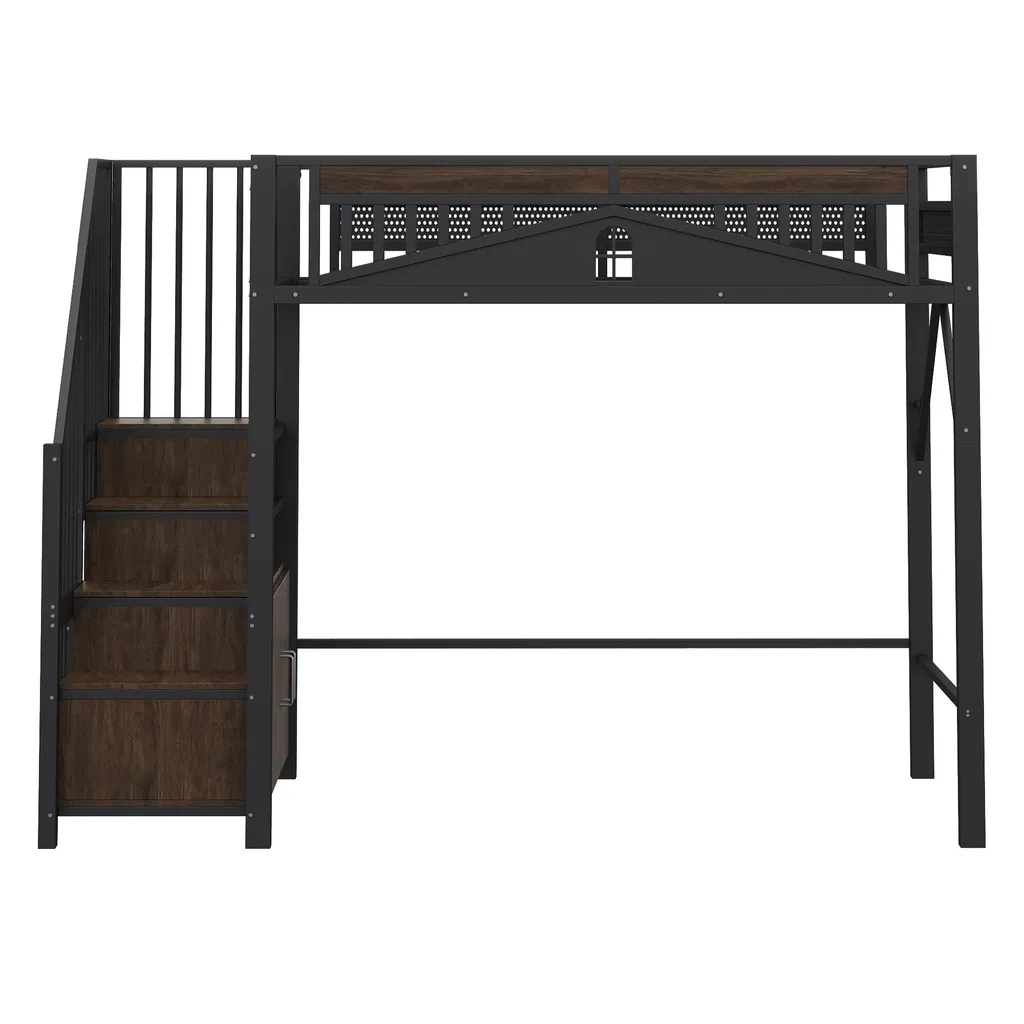 Lit superposé en métal noir 90x200cm avec armoire et escalier de tri