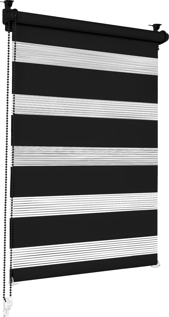 A black and white striped roller blind is shown hanging against a white background.