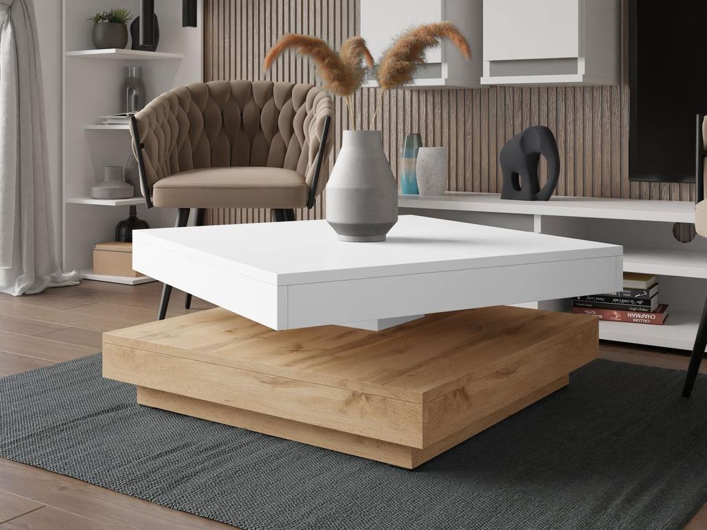A modern living room scene featuring a two-tiered coffee table.