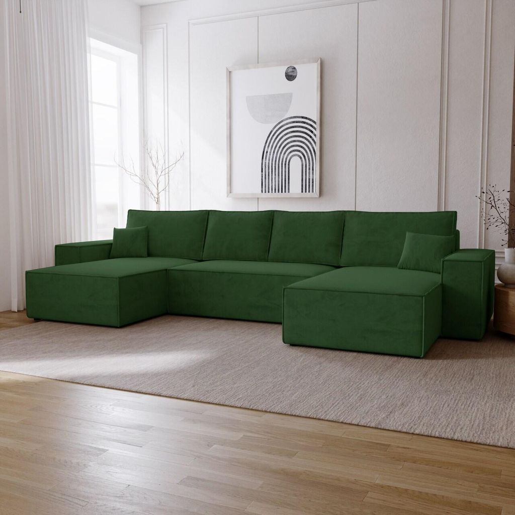 Ecksofa U Form mit Schlaffunktion Bergamo - Eckcouch 375 cm mit Bettkasten, Schlafsofa U Grün (Amor Velvet 4311)