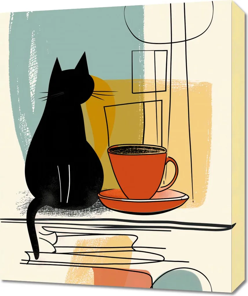 Quadro 50x60 cm Gatto e Caffè - Stampa su Tela Arredamento Cucina e Bar