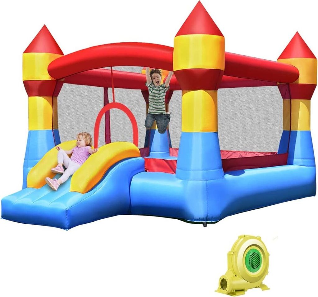 Aufblasbare Hüpfburg für Kinder, Hüpfhaus 370x280x230 cm, Spielburg aufblasbar, Springburg Hüpfschloss mit Rutsche, Ritterburg Garten Outdoor (mit Gebläse)