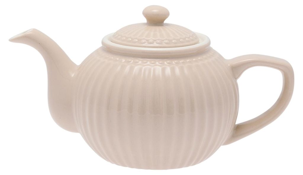 A studio shot of a ceramic teapot.