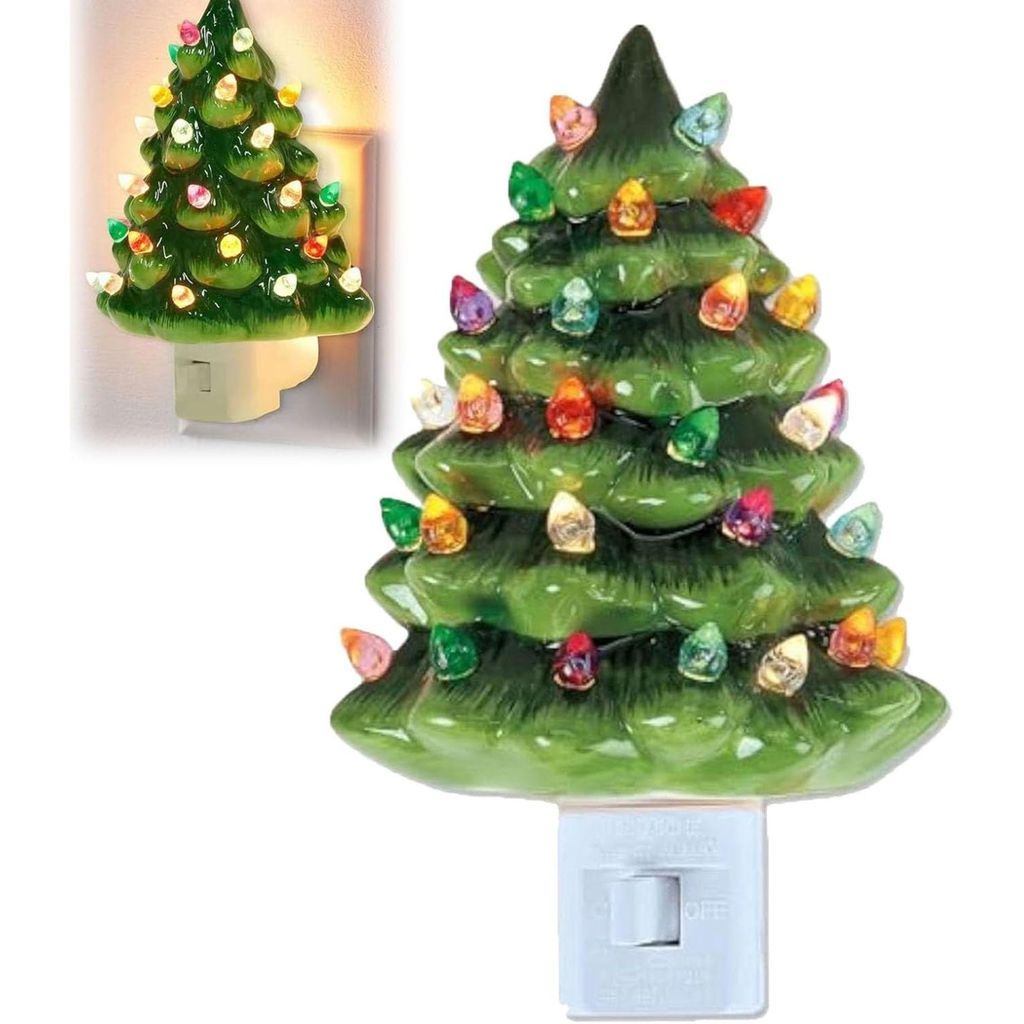 A ceramic Christmas tree night light with colorful bulbs.